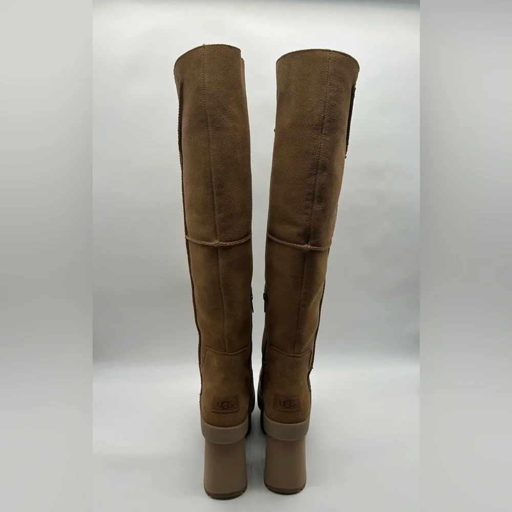 UGG Tall Suede Platform Shearling Lined Chunky Heel Boots Brown Size 7.5